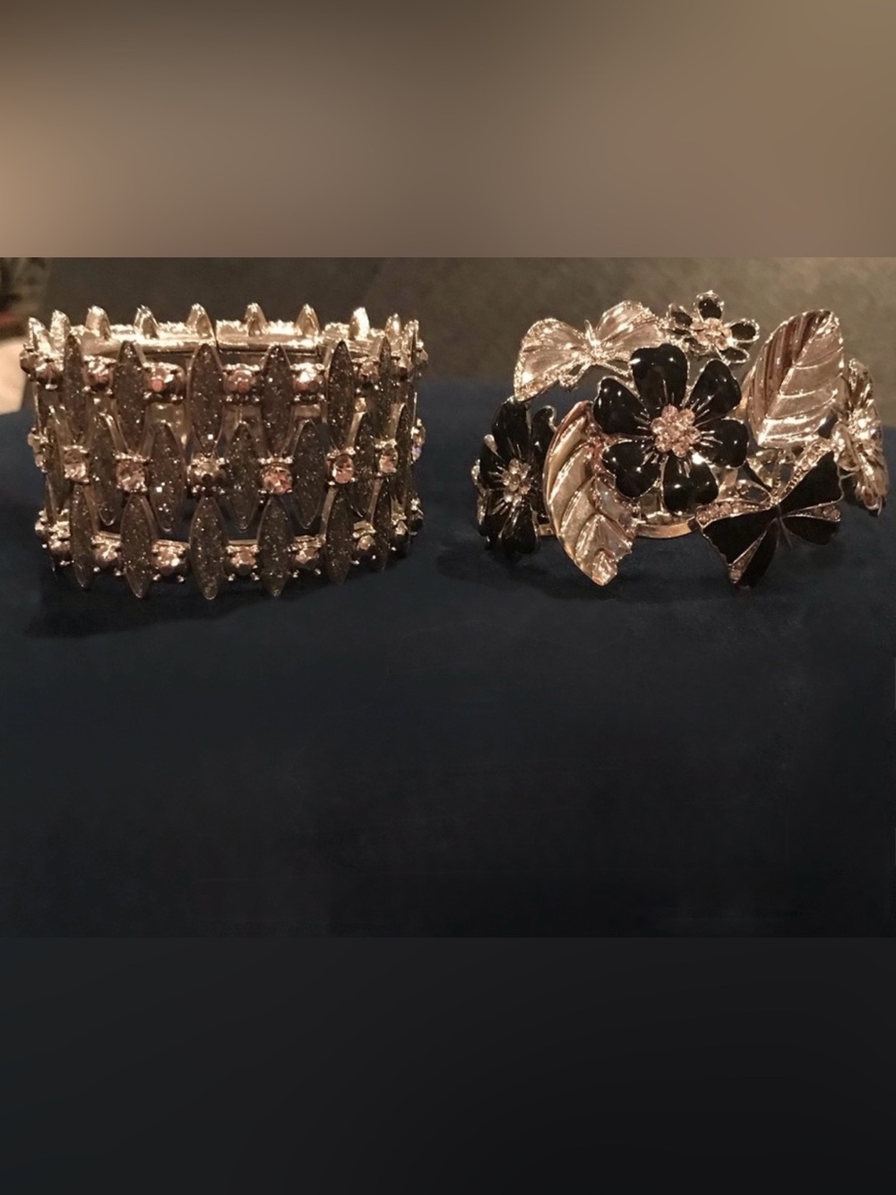 New York & Company—2 Statement Bracelets-Silver Tone Stretch & Black Enamel Cuff